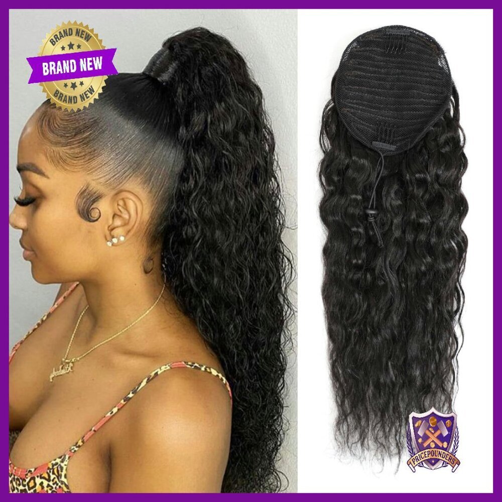 14 Inch Human Hair Ponytail Extension Water Wave Clip In Drawstring
